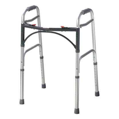 The Drive Medical Bariatric Walker is a sturdy mobility aid with a silver frame and padded handles, designed for heavier individuals.
