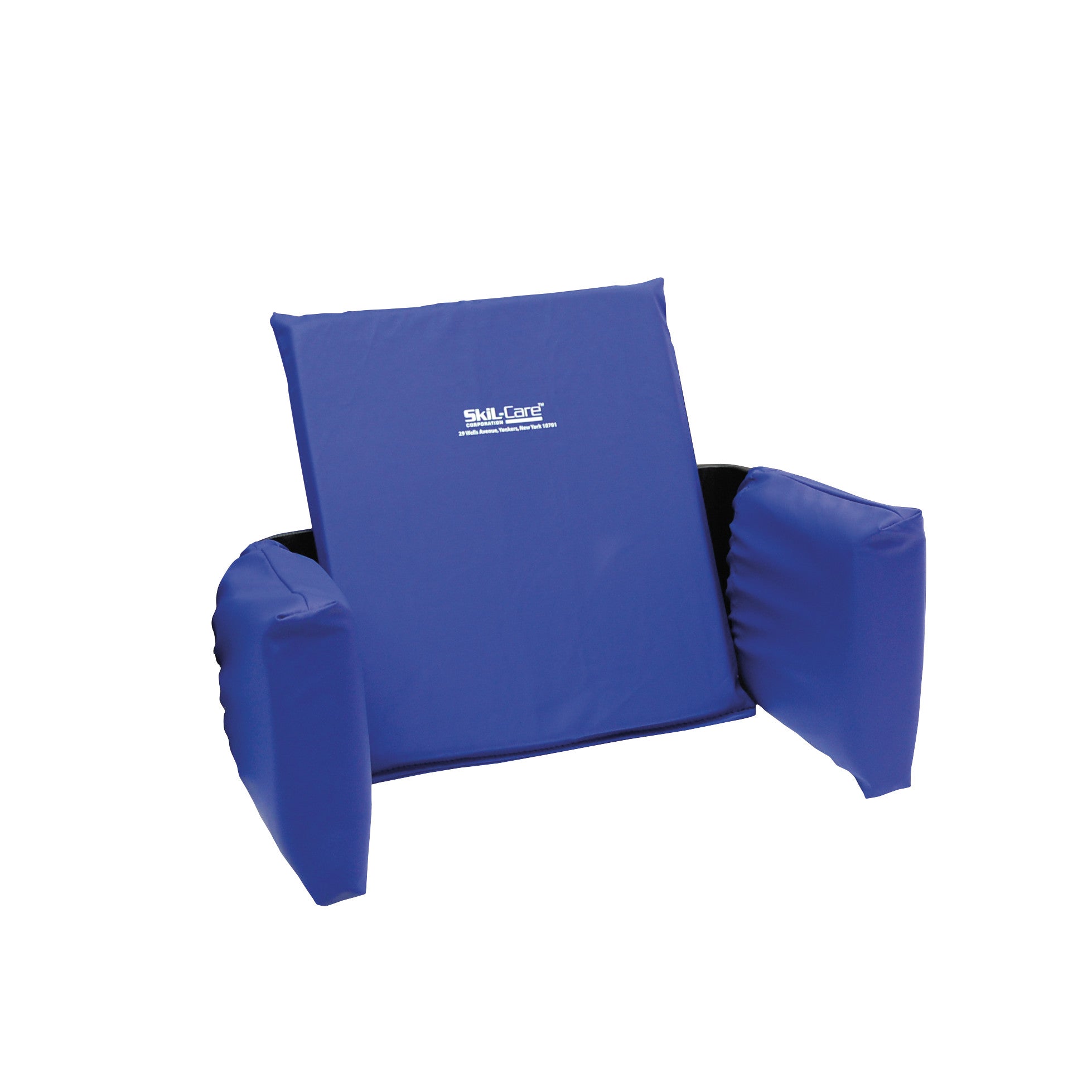 Blue SkiL-Care Adjustable Lateral Support with cushion arms and back support, designed for positioning and comfort.