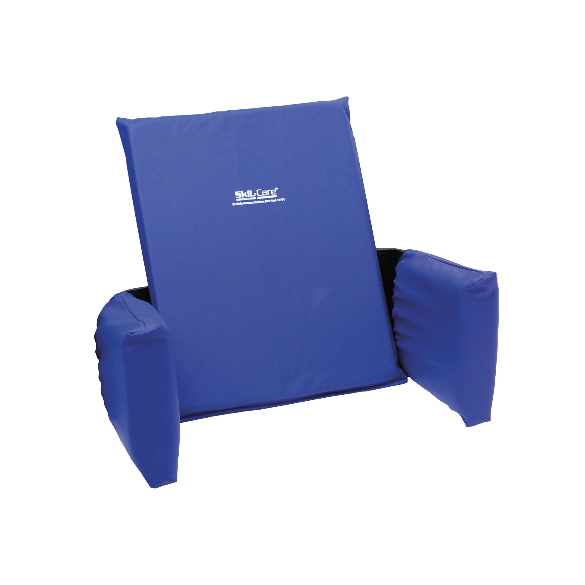 The SkiL-Care Adjustable Lateral Support is a blue cushion with armrests, designed to provide side support for patients or children.