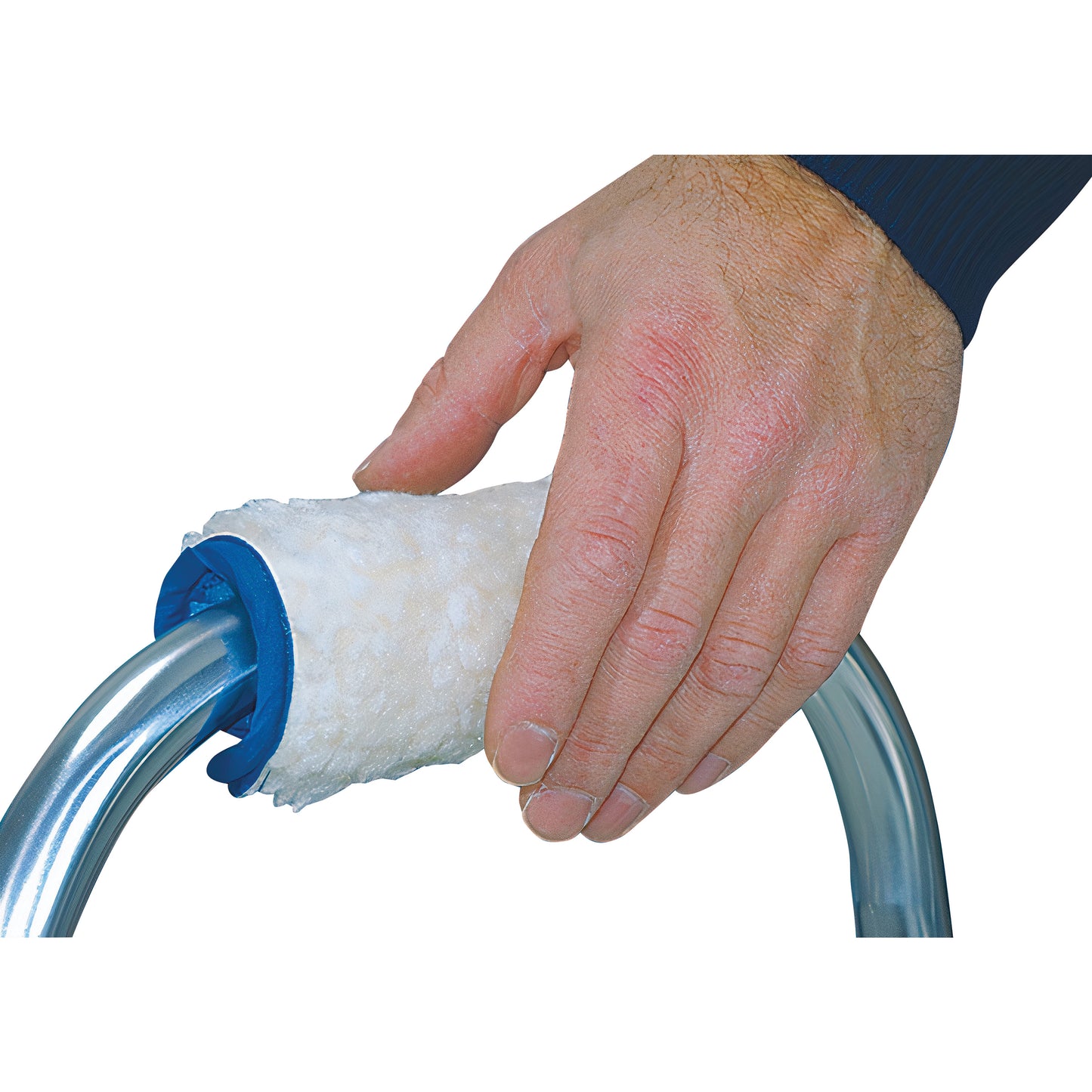 A hand is gripping an AliMed Walker Hand Grip, a soft, foam-covered accessory, on a metal walker handle for comfort and support.