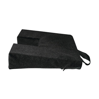 The AliMed Ergo Coccyx Cushion is a black, wedge-shaped cushion with a cutout for coccyx relief and a strap attached for carrying.