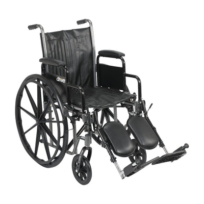 Drive Medical Silver Sport 2 Wheelchair with removable desk arms and elevating leg rests, featuring large rear wheels.