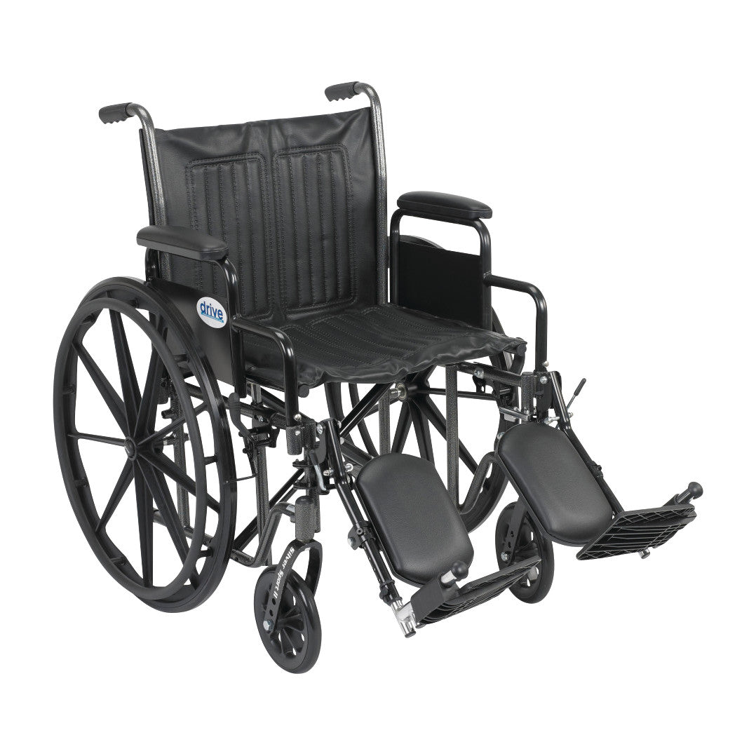 Drive Medical Silver Sport 2 Wheelchair with Removable Desk Arms and Elevating Leg Rests, featuring a black seat and large wheels.