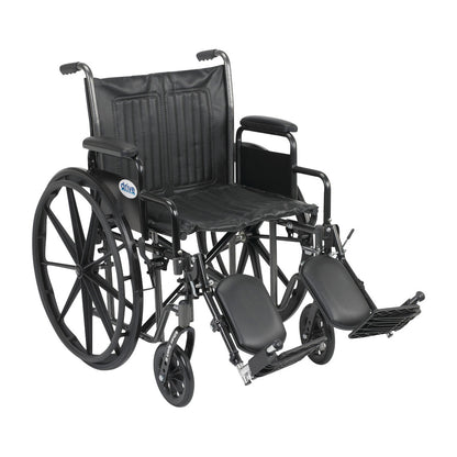 Drive Medical Silver Sport 2 Wheelchair with Removable Desk Arms and Elevating Leg Rests, featuring a black seat and large wheels.