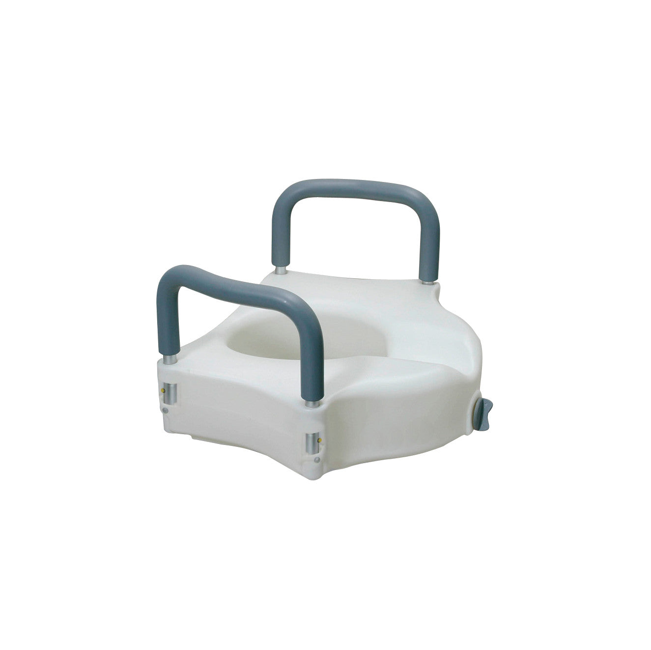 Drive Medical Two-in-One Locking Raised Toilet Seat with gray padded armrests, designed for added height and support in bathrooms.