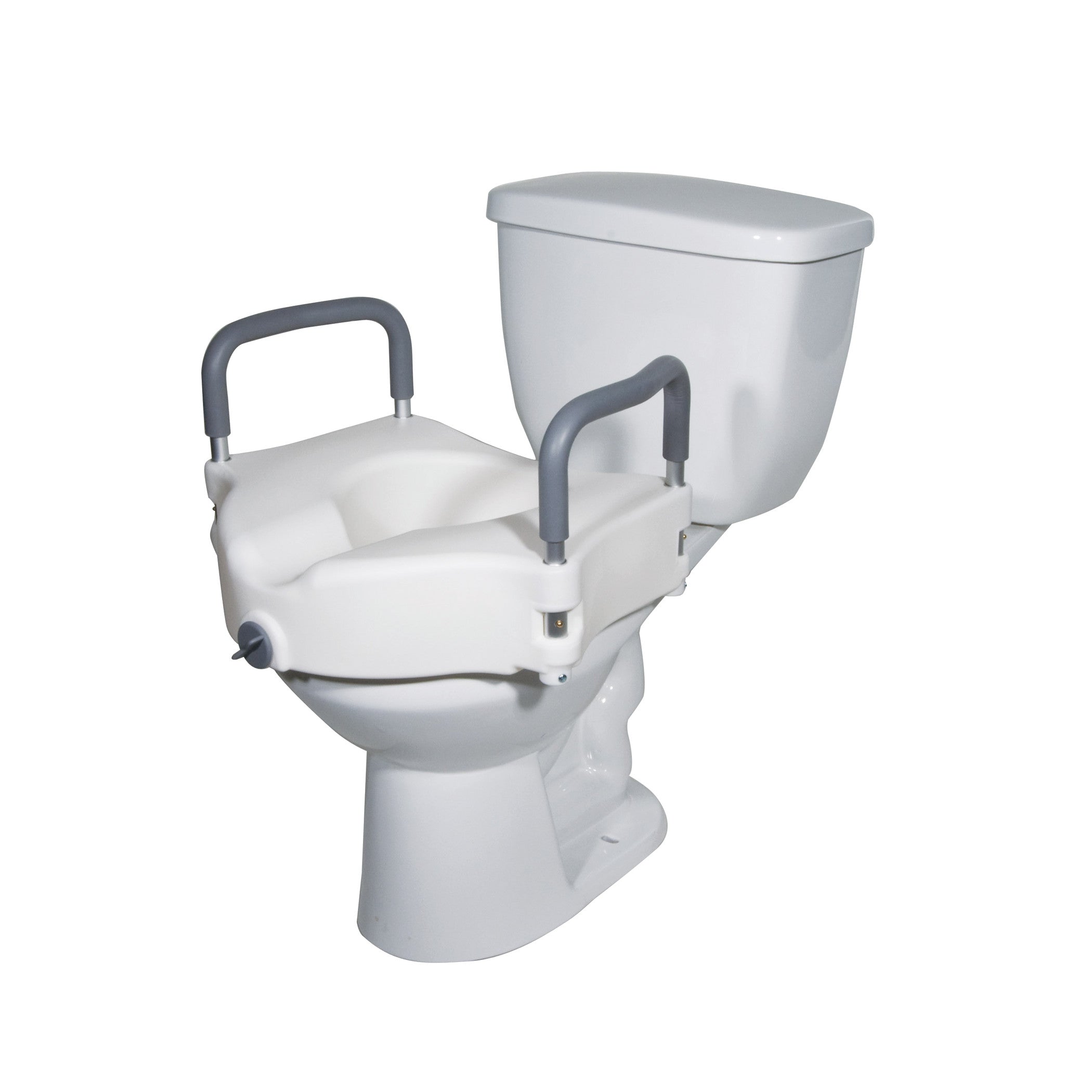 Drive Medical Two-in-One Locking Raised Toilet Seat with padded armrests is attached to a standard white toilet, providing extra height.