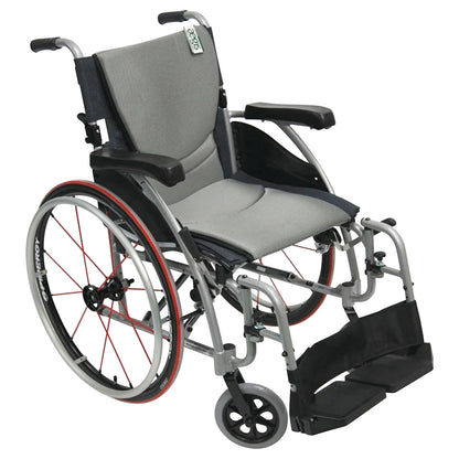 The Karman S-Ergonomic Series 115 Ultra-Lightweight/Compact Wheelchair features a gray seat, red-rimmed wheels, and black footrests.