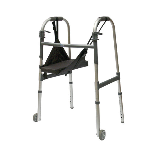 A SafetySure The Knee Sling is attached to a walker with padded bars and wheels, providing support for knee injuries.