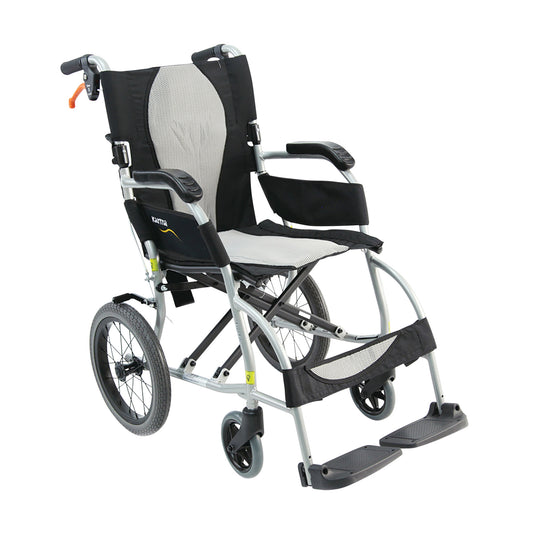 The Karman ERGO-LITE S-2501 Transport Wheelchair features a lightweight frame, black and gray seat, armrests, and footrests.