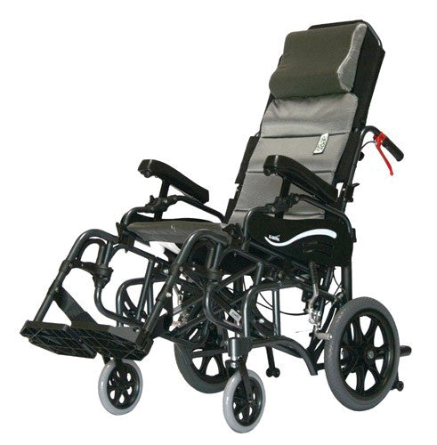 Karman VIP Series 515 Tilt-in-Space Transport Chair with adjustable backrest, armrests, and footrests, featuring black upholstery.
