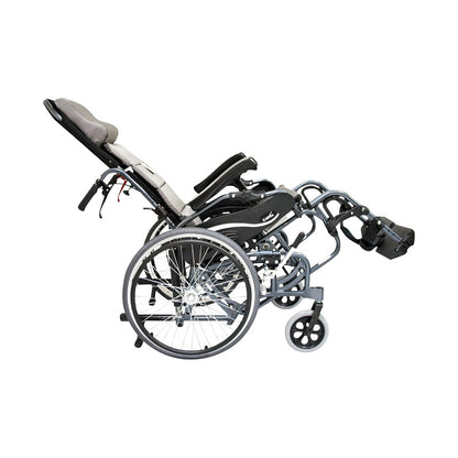 The Karman VIP Series 515 Tilt-in-Space Wheelchair is shown in a reclined position with footrests and padded armrests.