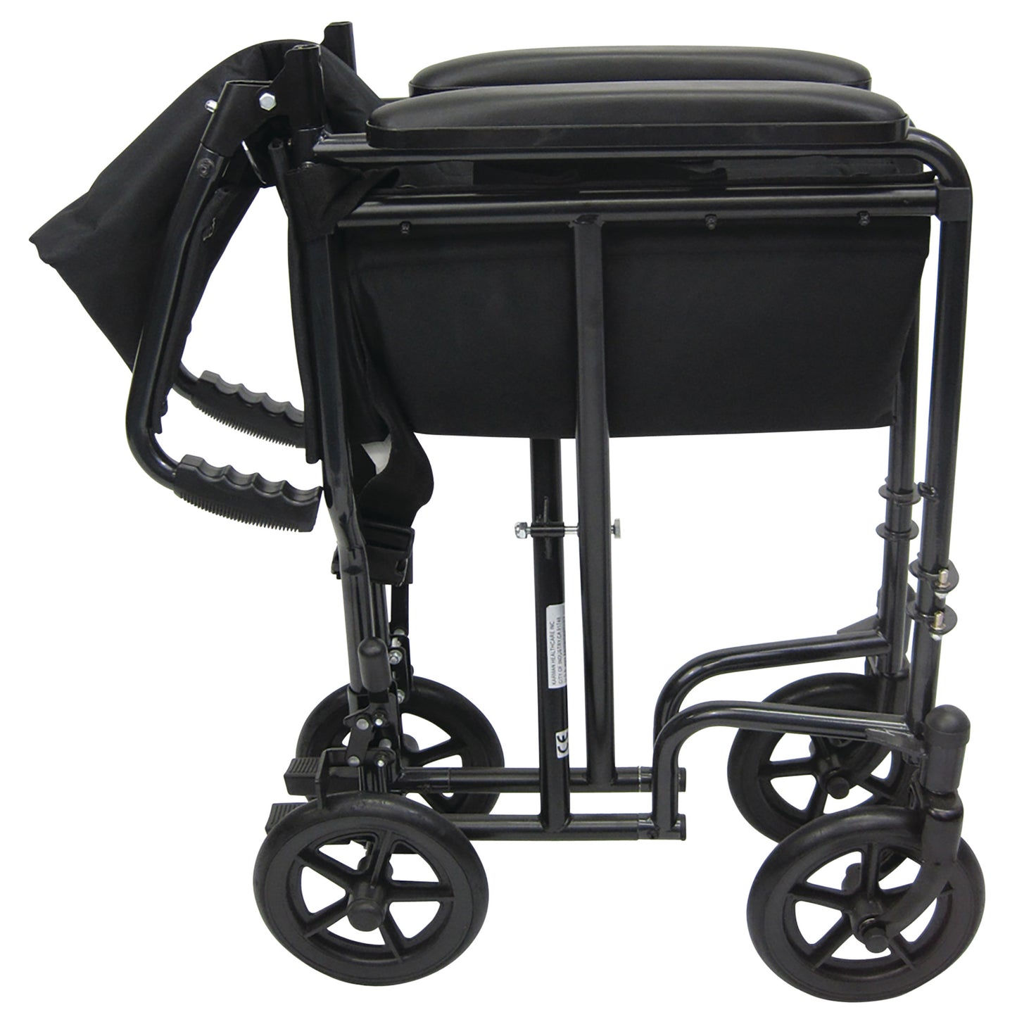 The Karman T-2000 Series Lightweight Transport Chair is folded with black fabric and large wheels, designed for easy portability.
