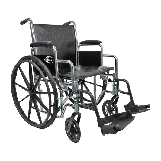 A Karman Bariatric Wheelchair with black seat, chrome frame, large rear wheels, and footrests, designed for enhanced support.