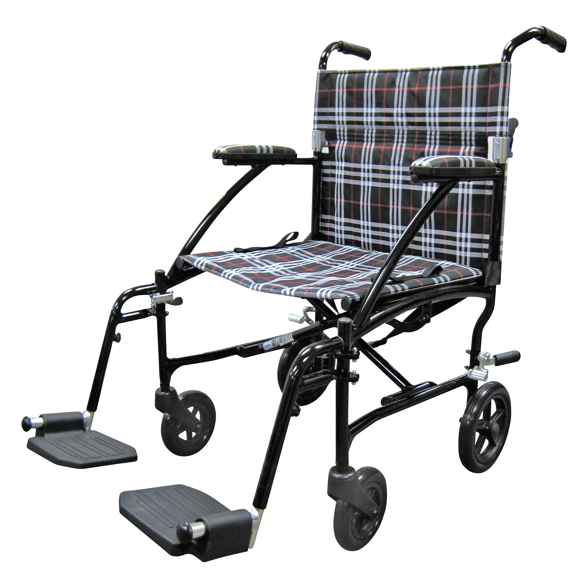 The Drive Medical Fly-Lite Aluminum Transport Chair features a plaid seat and backrest, with footrests and four wheels for mobility.
