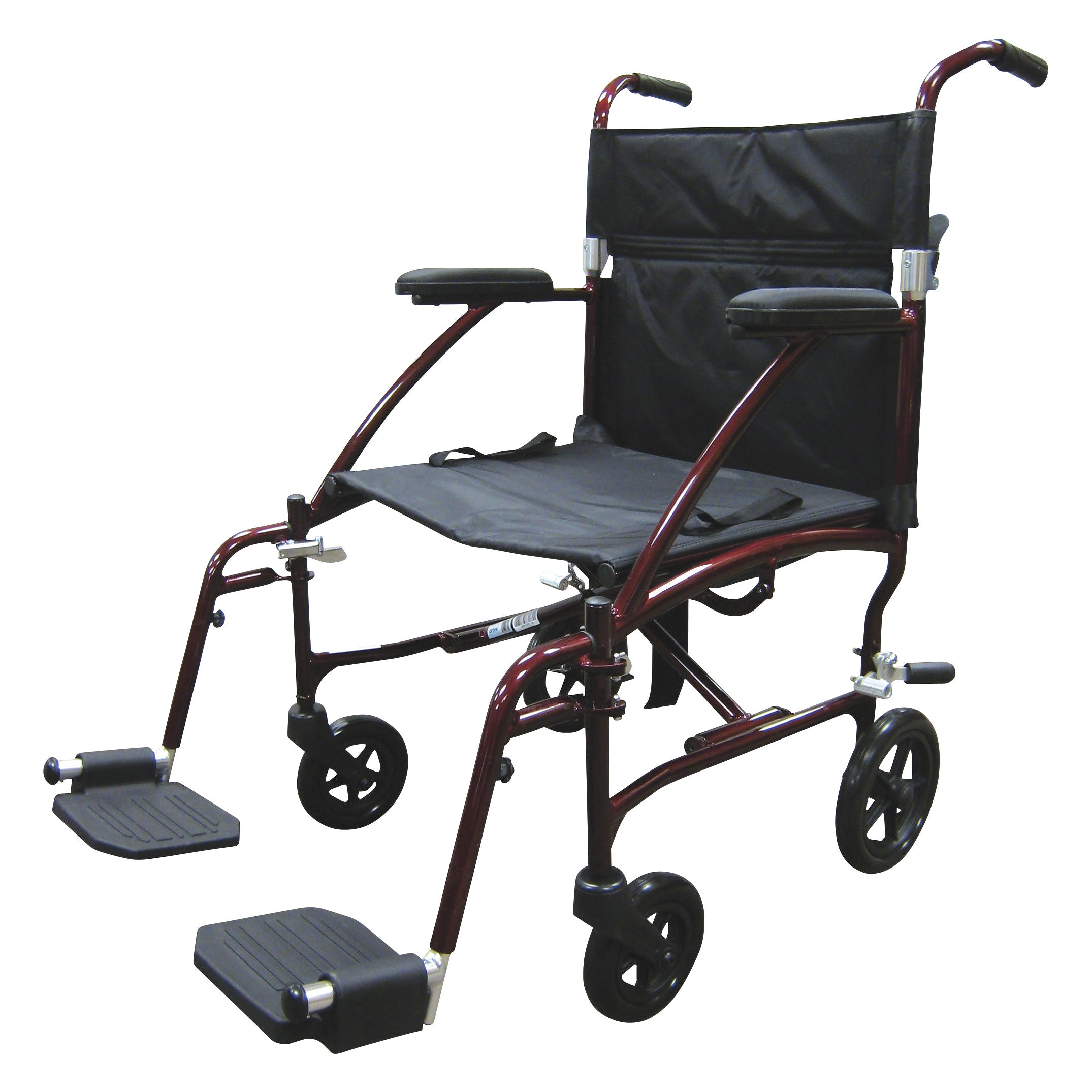The image displays a Drive Medical Fly-Lite Aluminum Transport Chair with a maroon frame, black seat, armrests, and footrests.