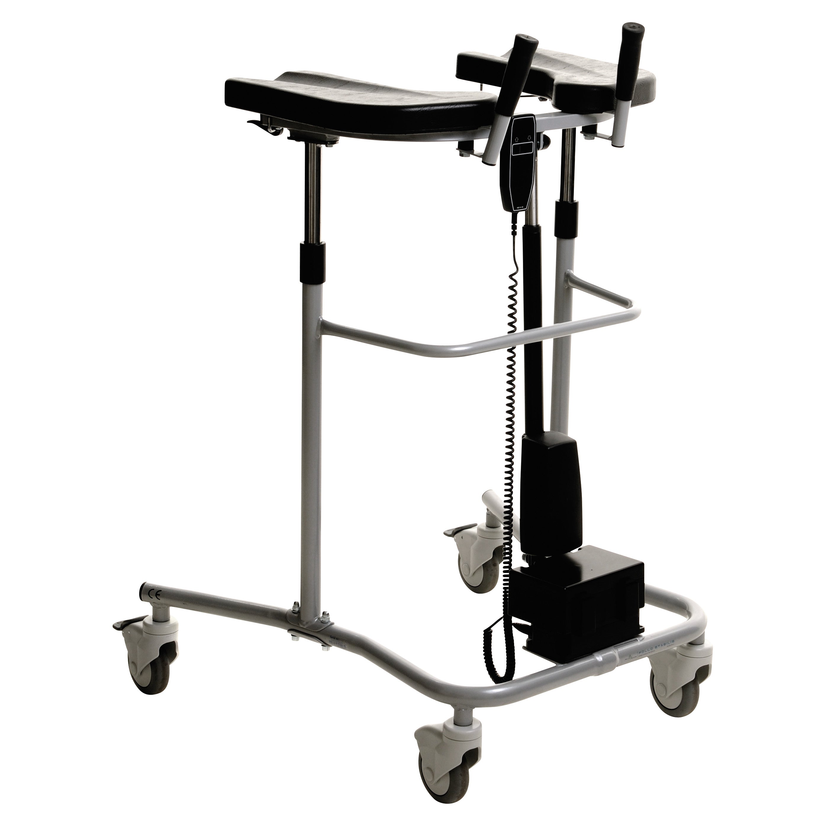 EVA Electric Cardiac Walker with adjustable armrests, a control unit, and four wheels, designed for patients needing support during mobility.