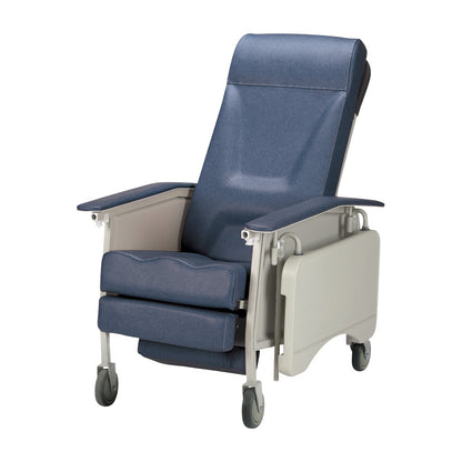 The Invacare Deluxe Geri-Chair is a blue reclining medical chair with cushioned sides and four wheels for easy mobility.