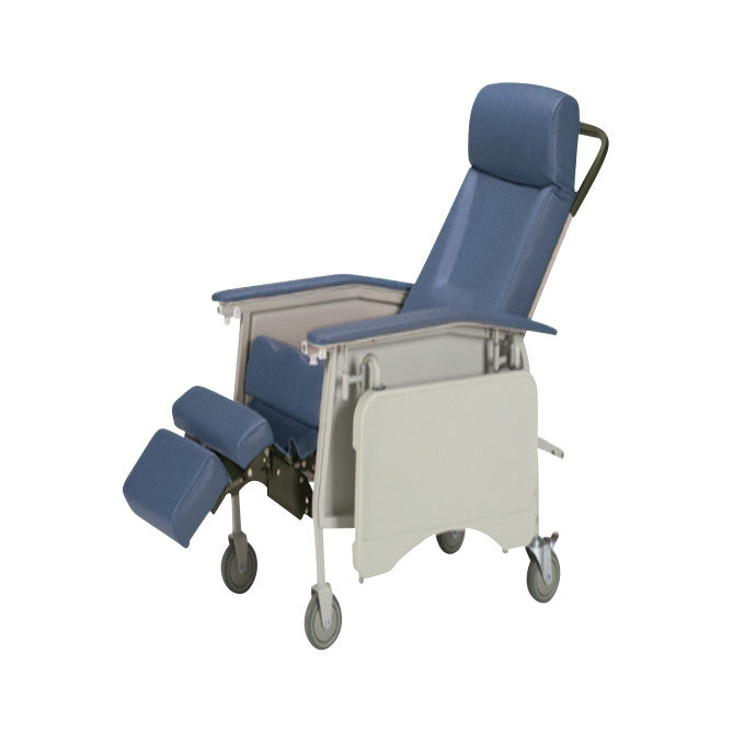 The Invacare Deluxe Geri-Chair is a blue reclining chair with wheels, an adjustable footrest, and armrests, designed for comfort.