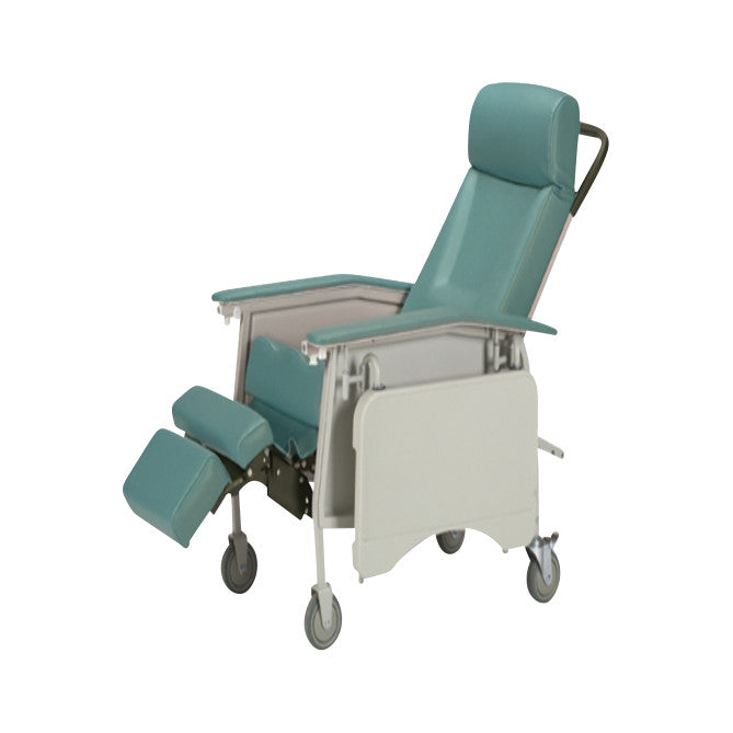 The Invacare Deluxe Geri-Chair is an aqua-colored reclining chair with cushioned backrest and leg support on four wheels.