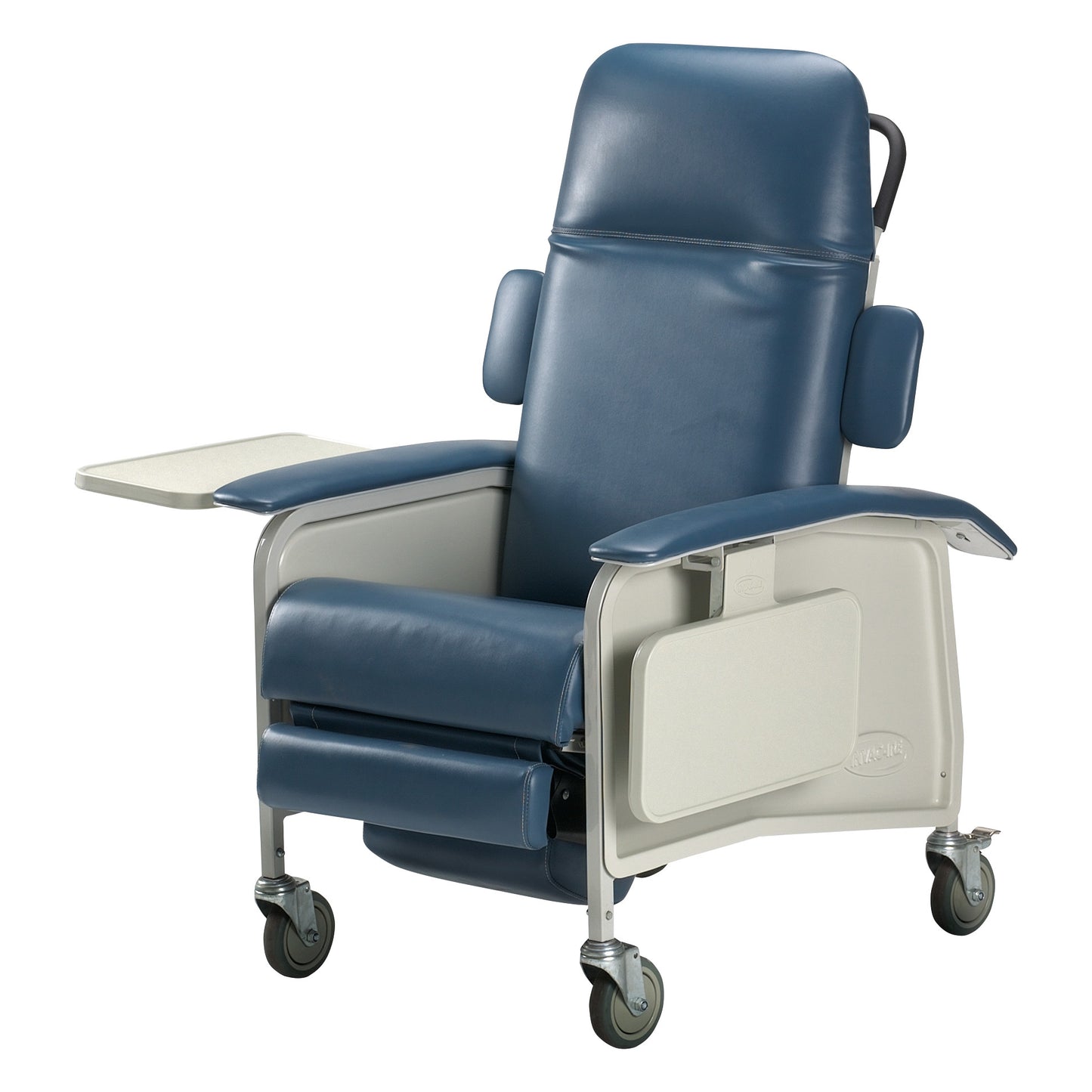 Invacare Clinical Geri-Chair in blue with armrests, a side tray, and wheels for mobility and patient comfort.