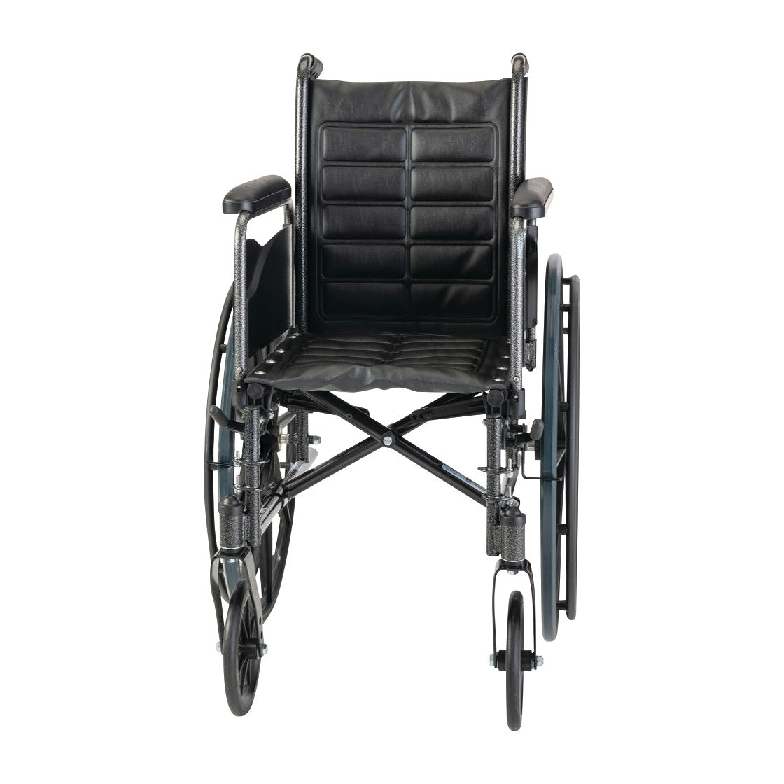 The Invacare Tracer EX2 Wheelchair features removable fixed-height desk arms and a black cushioned seat, shown from the front.