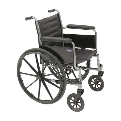 The Invacare Tracer EX2 Wheelchair  features a black seat, large rear wheels, and small front casters.