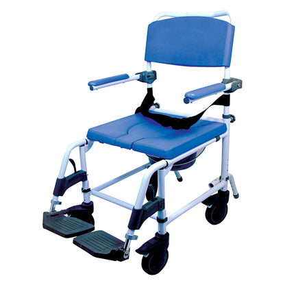 The Healthline EZee Life Aluminum Shower-Commode Chair features a blue seat, backrest, armrests, footrests, and four wheels.