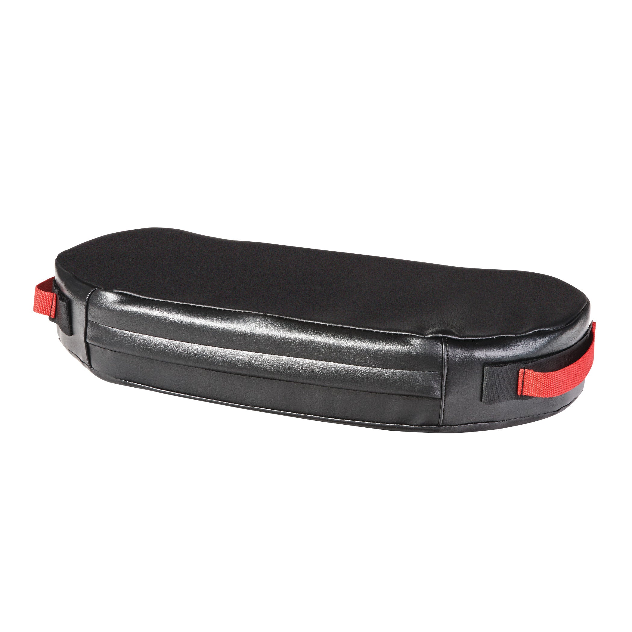 The AliMed BreakAway Lap Cushion is a black cushion with red straps designed for patient support and safety.