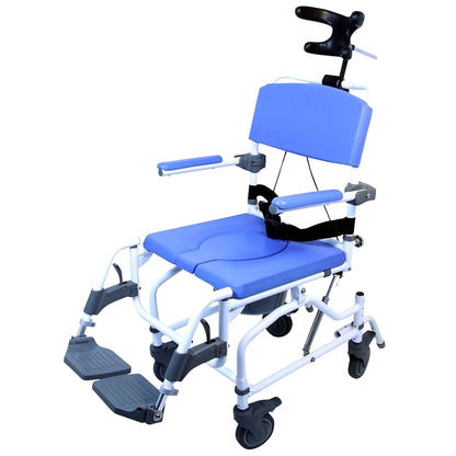 The Healthline EZee Life Aluminum Tilt Shower Commode Chair features a blue seat, adjustable armrests, and wheels for mobility.