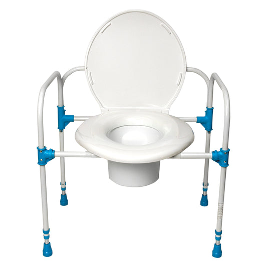 Big John Commode Chair with a white seat, lid, and sturdy metal frame, featuring blue bracket accents and adjustable legs.