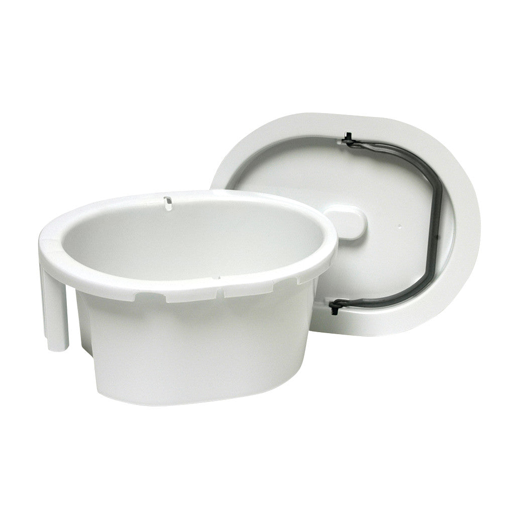 The image displays the Big John Commode Chair with a large white bucket and a removable lid featuring a built-in handle.