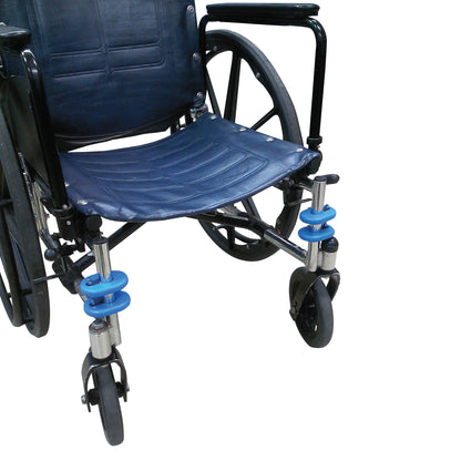 A wheelchair with Calf Bumpers attached to the front wheel supports, featuring blue cushioned rings for protection and comfort.