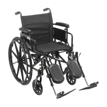 Drive Medical Cruiser X4 Wheelchair with Removable Desk Arms and Elevating Leg Rests, featuring a black seat and large rear wheels.