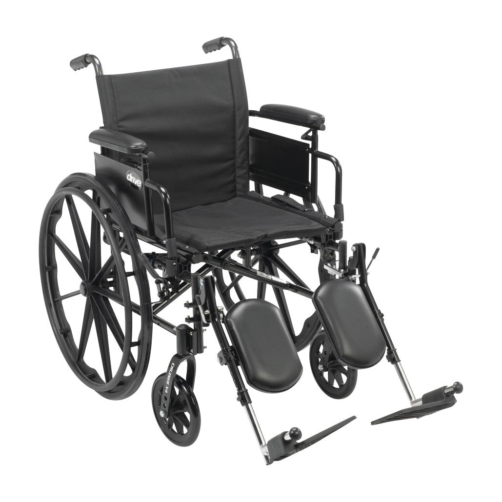 Drive Medical Cruiser X4 Wheelchair with Removable Desk Arms and Elevating Leg Rests, featuring a black seat and large rear wheels.