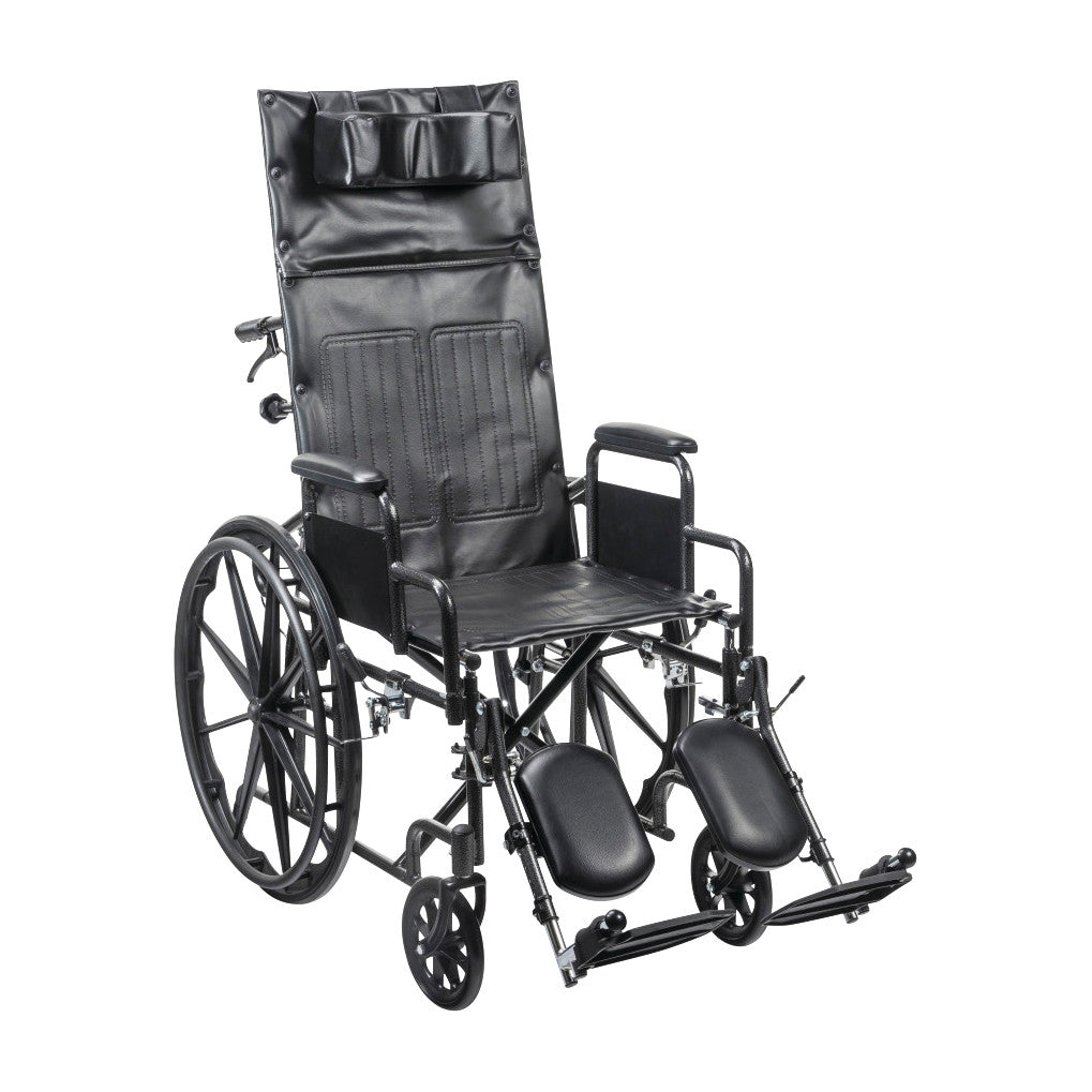 Silver Sport Full-Reclining Wheelchair with Removable Desk Arms features a black upholstery, high backrest, and leg supports.