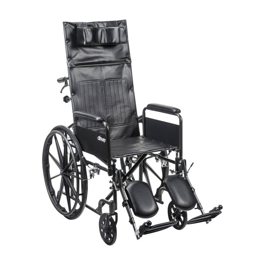 Drive Medical Silver Sport Full-Reclining Wheelchair with Full Arms featuring padded armrests and leg supports, black upholstery.