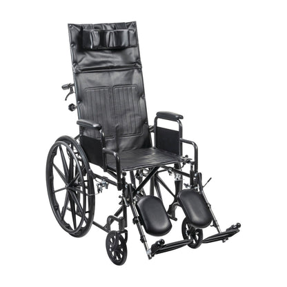 Silver Sport Full-Reclining Wheelchair with Removable Desk Arms, featuring a black cushioned seat and adjustable leg rests.