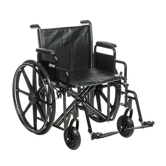 The Drive Medical Sentra EC Heavy-Duty Wheelchair features removable desk arms and swing-away footrests, shown in a black finish.