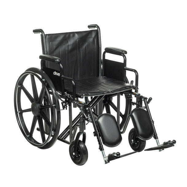 Drive Medical Sentra EC Heavy-Duty Wheelchair with Removable Desk Arms and Elevating Leg Rests, featuring a sturdy black frame.