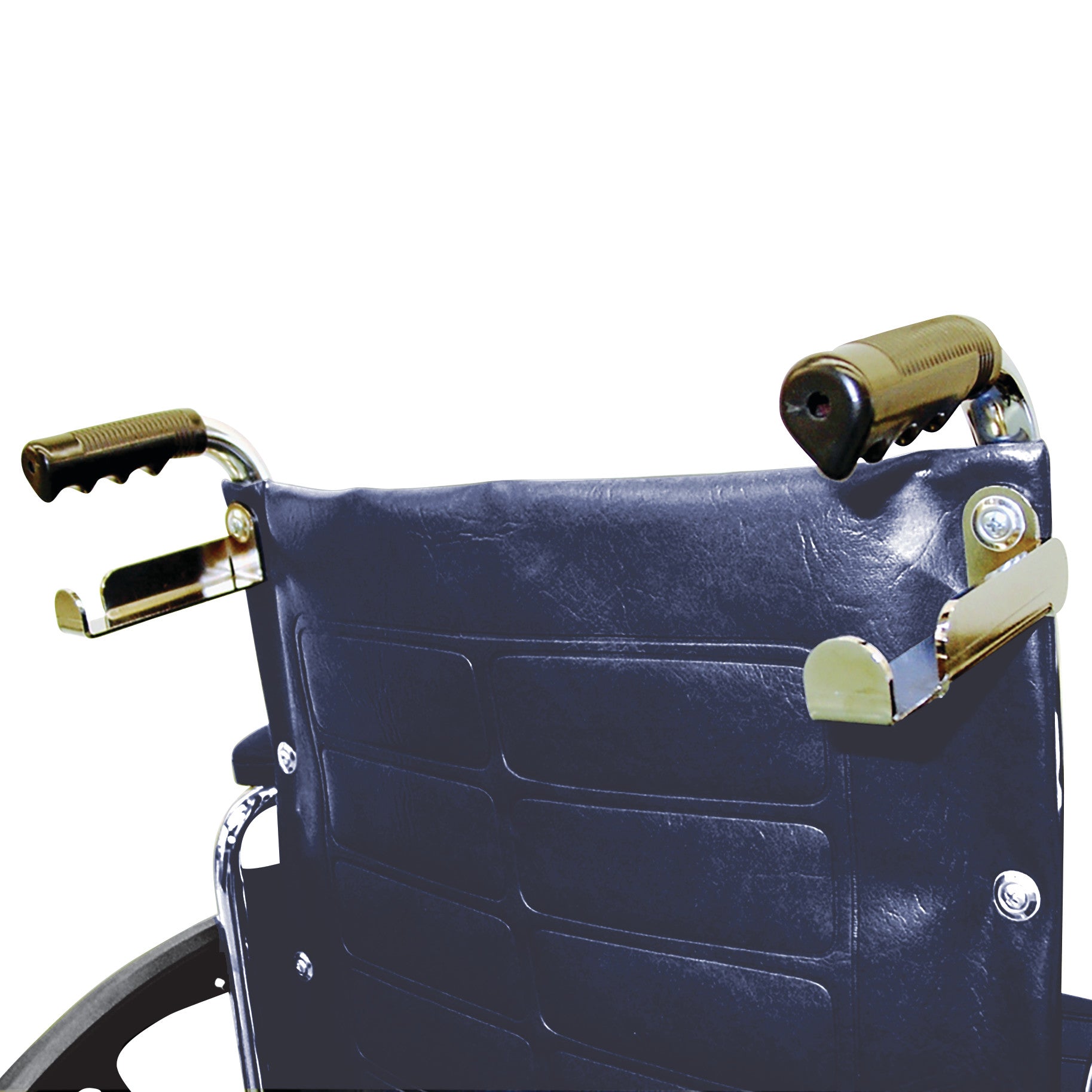 A wheelchair's backrest features an Oxygen Tank Bracket with protective grips, designed to securely hold an oxygen tank.