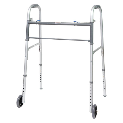A Two-Button Release Folding Junior Walker with two front wheels and adjustable legs, designed for assistance in mobility.