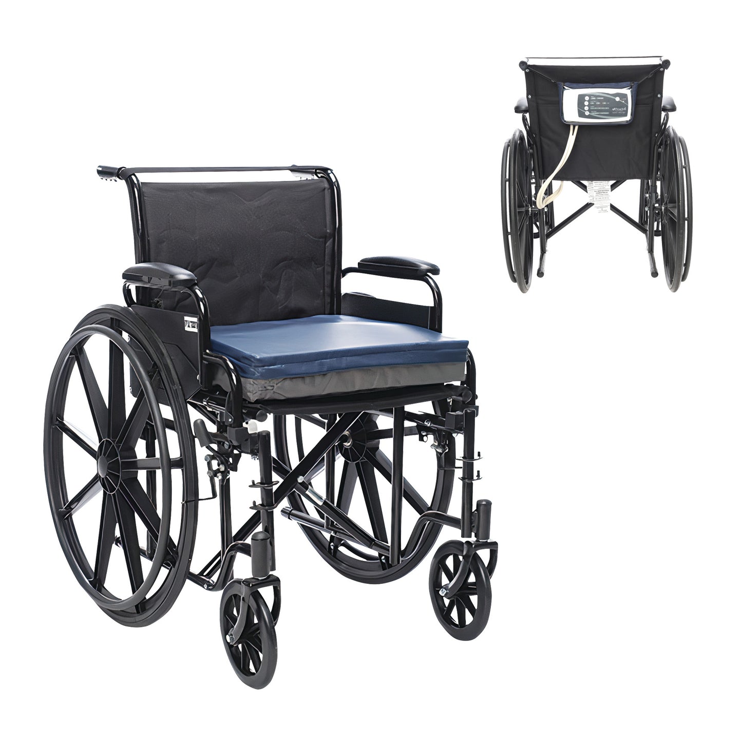 A black wheelchair with a blue cushion, part of the Protekt Seat Relief System, shown from front and rear views.