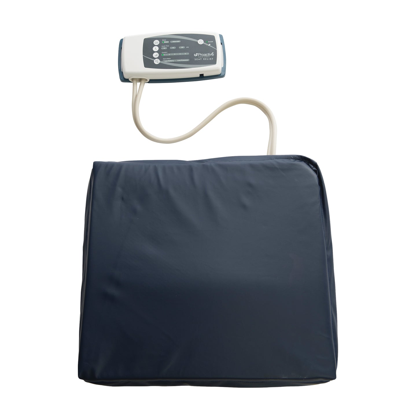 The Protekt Seat Relief System features a dark blue cushion with an attached white control unit connected by a flexible tube.