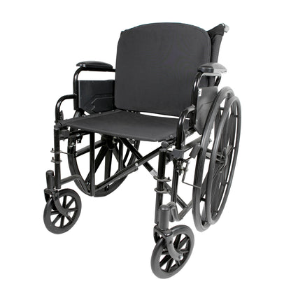 A black wheelchair with the Protekt Adjustable Tension Back, featuring large rear wheels and smaller front wheels.