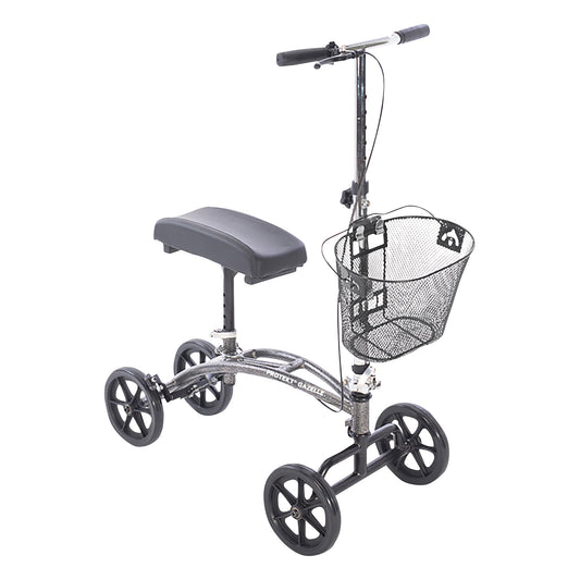 Protekt Gazelle Steerable Knee Walker with four wheels, padded knee rest, and a mesh basket on the front handlebar.