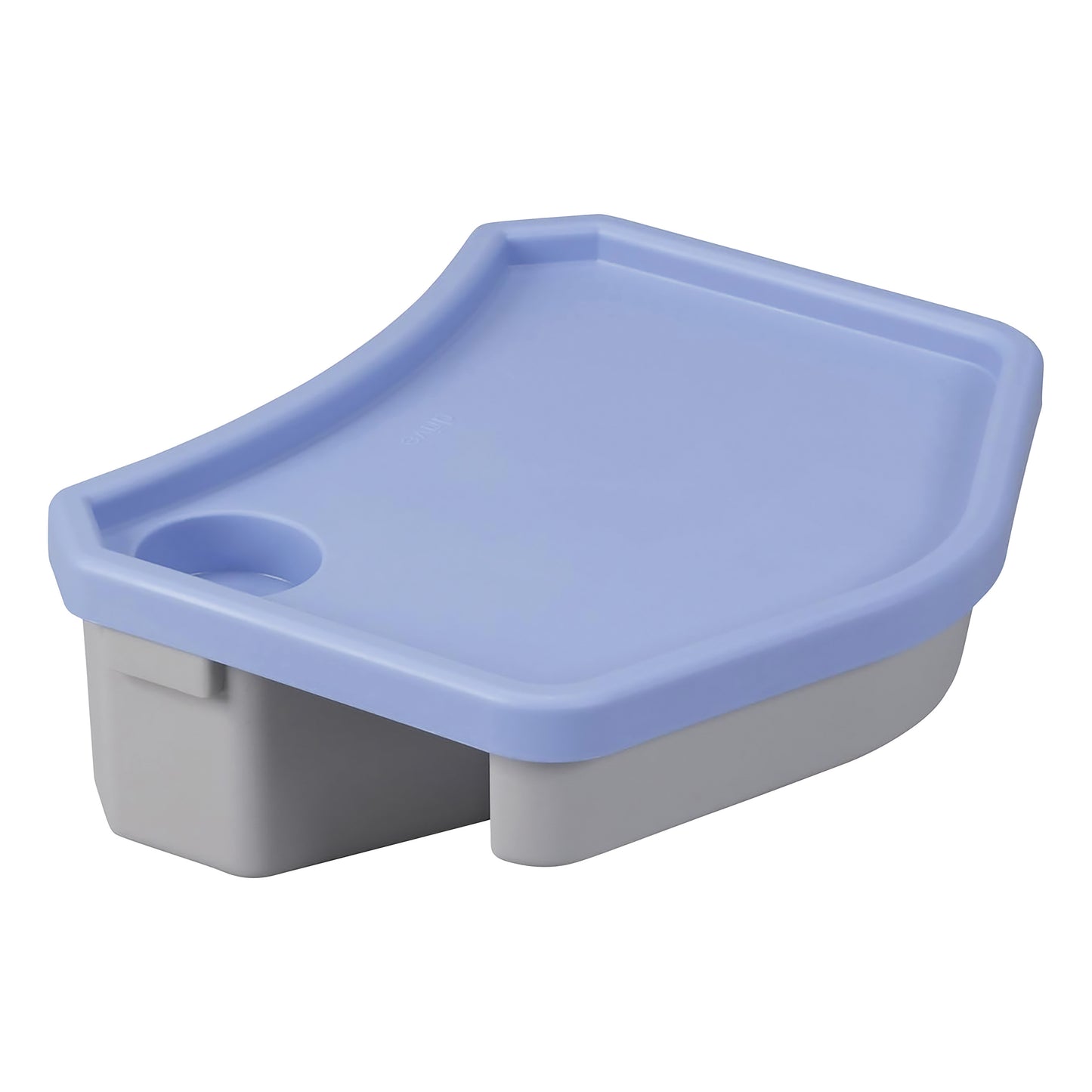 The Drive Medical E-Z Walker Caddy is a gray storage container with a curved blue lid, designed for use with mobility aids.