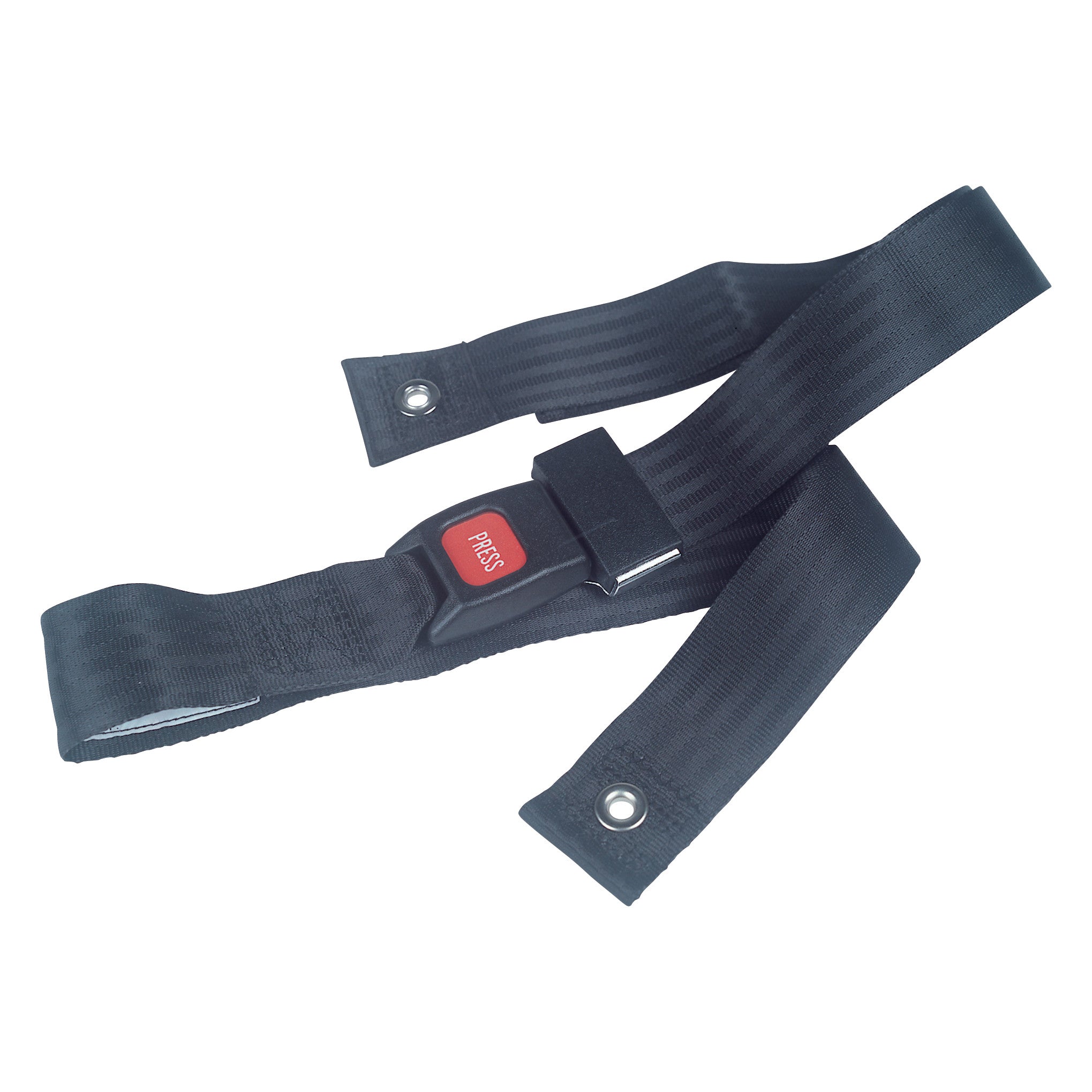 A black Drive Medical Wheelchair Seatbelt with a red push-button clasp and metal grommets on the straps.