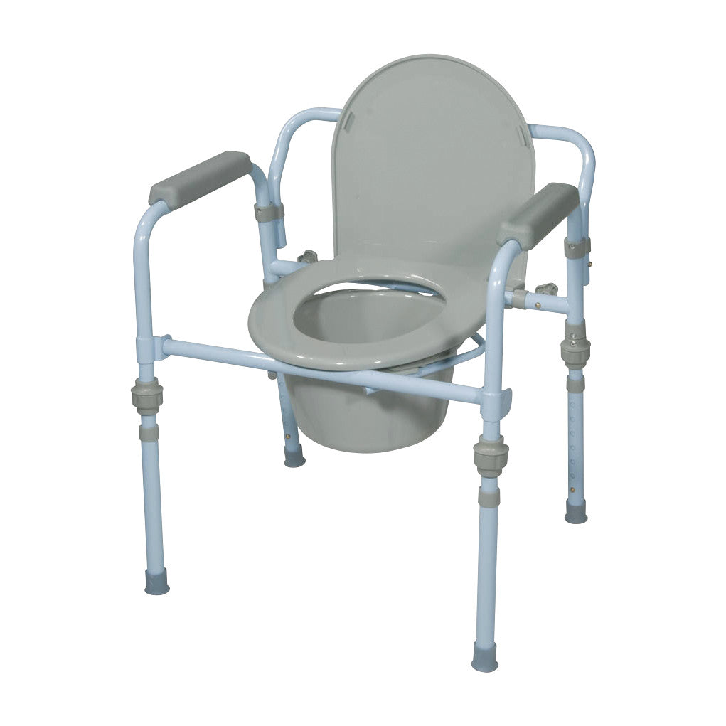Drive Medical Folding Steel Commode with a light gray seat, armrests, and adjustable legs featuring a removable bucket.
