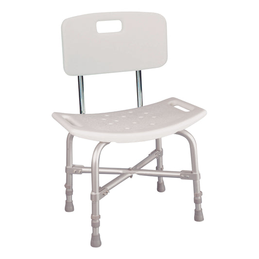 The Drive Medical Deluxe Bariatric Shower Chair features a wide seat, backrest, and adjustable legs for stability and comfort.