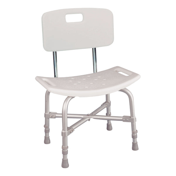 The Drive Medical Deluxe Bariatric Shower Chair features a wide seat, backrest, and adjustable legs for stability and comfort.